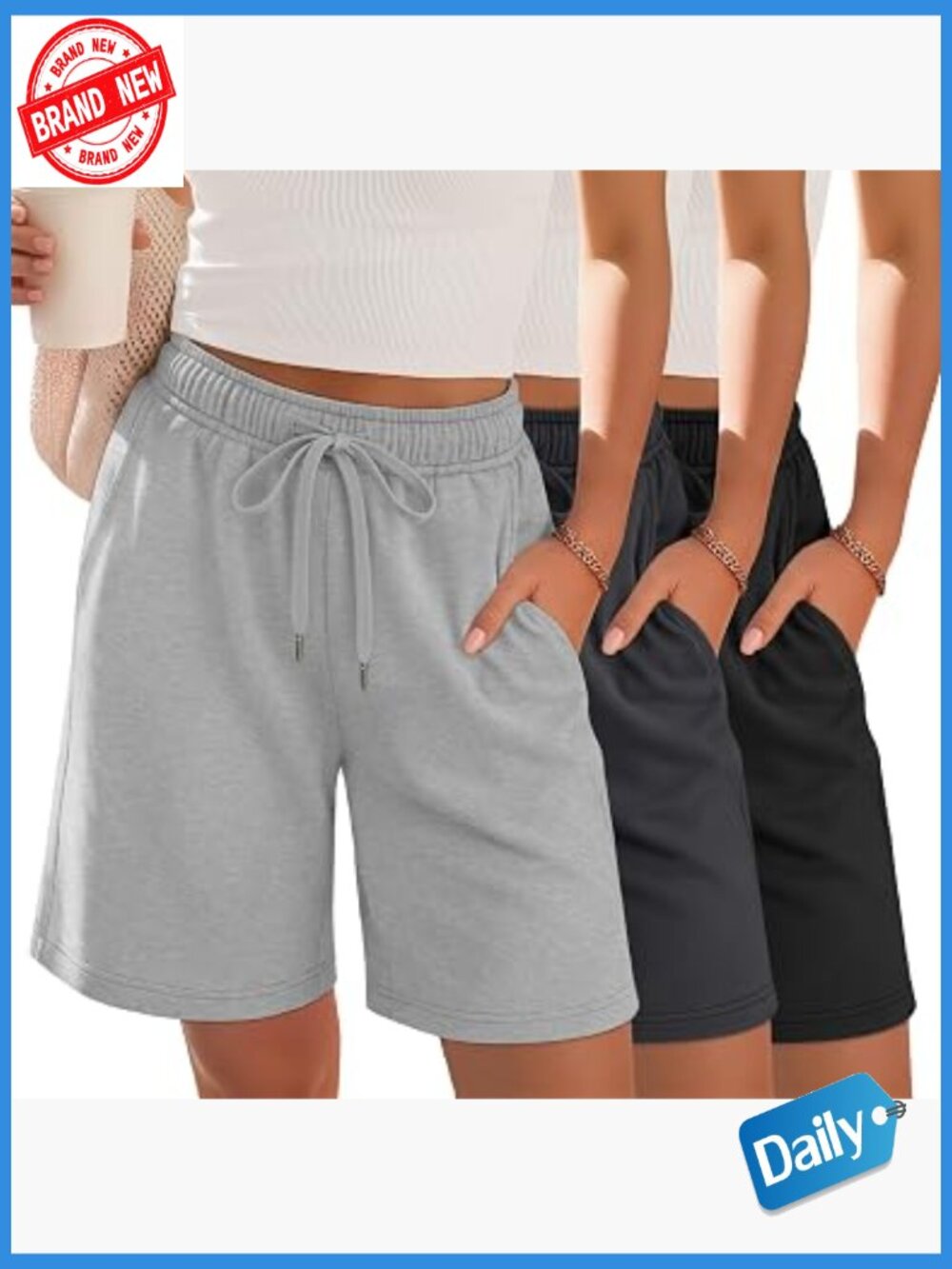 3pk Women's Bermuda Sweat Shorts Wide Leg Loose Knee Length Elastic Waist